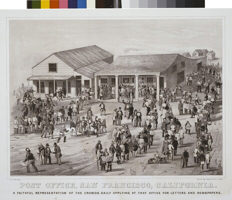 A black-and-white print showing a crowd of people in various lines outside a single-story, clapboard building.