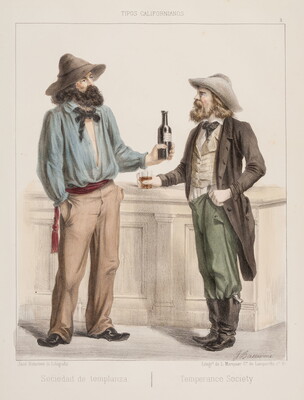A color print of an illustration of two White men, both with beards, hats, ties, and boots drinking at a bar.