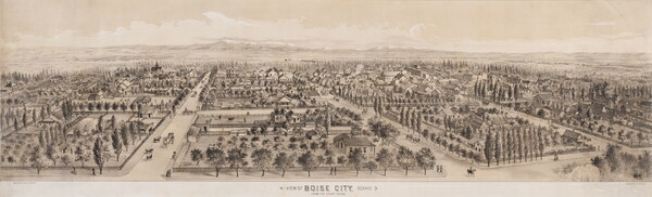 A sepia-toned print of an aerial view of a city showing the city blocks and buildings and mountains in the distance.