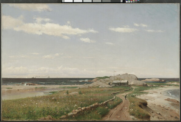 An oil painting of a seashore with person walking on a dirt road toward a house in the distance under a blue sky dotted with clouds.