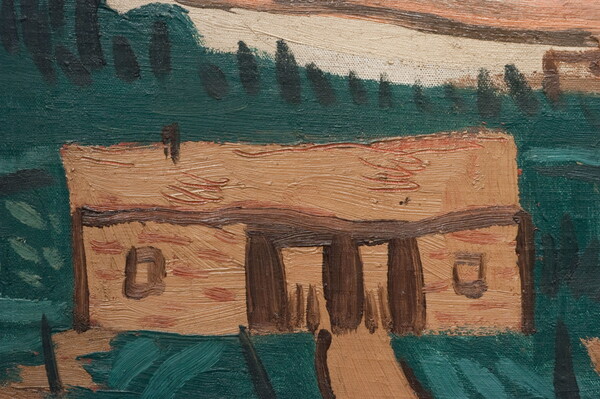 A detail of an abstract landscape painting composed of horizontal bands of color depicting grass, pueblos, desert, mountains, and sky.