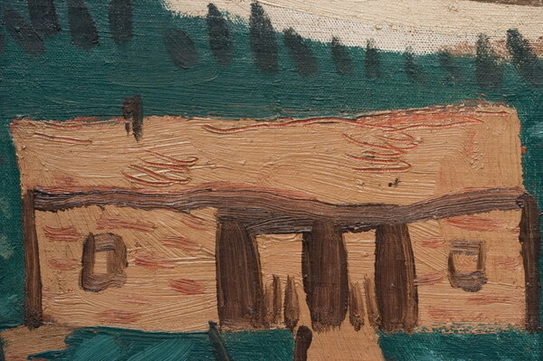 A detail of an abstract landscape painting composed of horizontal bands of color depicting grass, pueblos, desert, mountains, and sky.