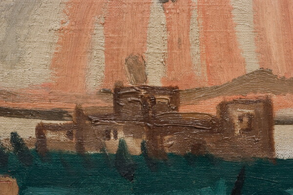 A detail of an abstract landscape painting composed of horizontal bands of color depicting grass, pueblos, desert, mountains, and sky.