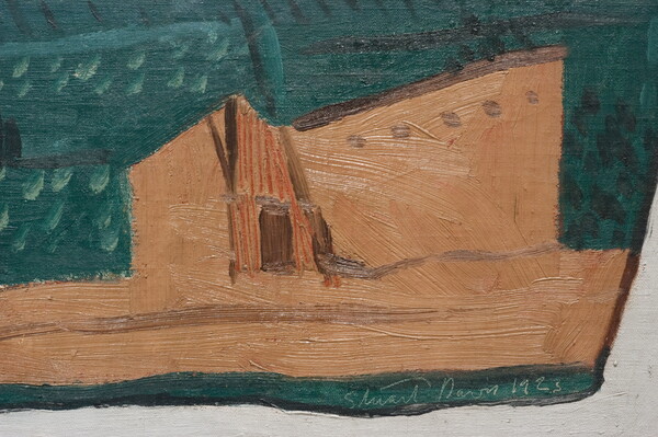 A detail of an abstract landscape painting composed of horizontal bands of color depicting grass, pueblos, desert, mountains, and sky.