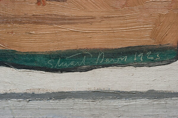 A detail of an abstract landscape painting composed of horizontal bands of color depicting grass, pueblos, desert, mountains, and sky.