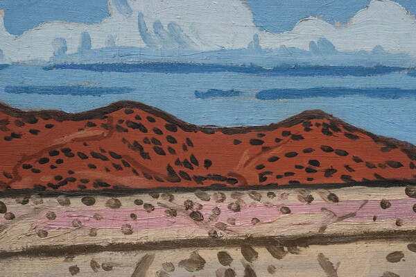 A detail of an abstract landscape painting composed of horizontal bands of color depicting grass, pueblos, desert, mountains, and sky.