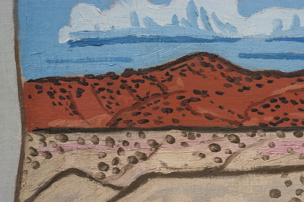 A detail of an abstract landscape painting composed of horizontal bands of color depicting grass, pueblos, desert, mountains, and sky.