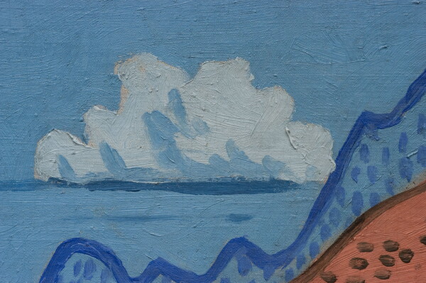 A detail of an abstract landscape painting composed of horizontal bands of color depicting grass, pueblos, desert, mountains, and sky.