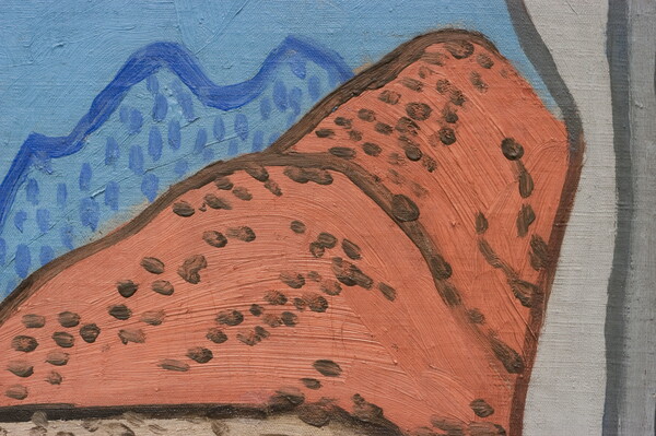 A detail of an abstract landscape painting composed of horizontal bands of color depicting grass, pueblos, desert, mountains, and sky.