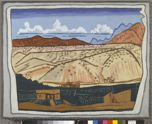 An abstract landscape painting composed of horizontal bands of color depicting grass, pueblos, desert, mountains, and sky.