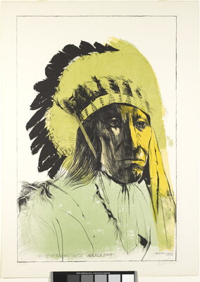 A color print of an Indigenous man wearing a feathered headdress with green and yellow swaths of color.