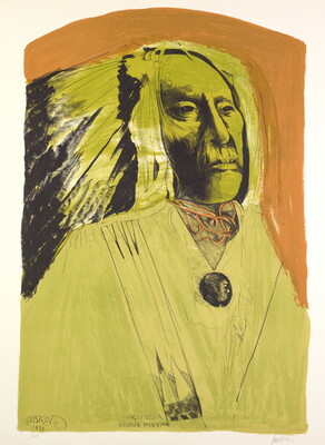 A color portrait print in yellows, oranges, and black of an older Native American in regalia including feathered headdress.