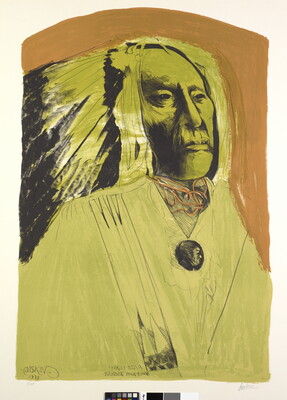 A color portrait print in yellows, oranges, and black of an older Native American in regalia including feathered headdress.