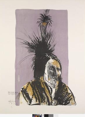 An abstract color print of a Native American man wearing a patterned shawl and tall feathers on his head.