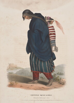 A color print of an Indigenous woman with long hair, a blue blanket or shawl wrapped over a red and gray dress, a child on a cradleboard slung on her back.