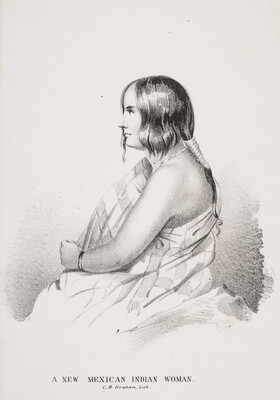 A black-and-white print of a seated Indigenous woman in profile with her long hair tied back and a striped wrap around her torso.