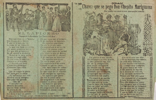 A black-and-white print of a two-spread broadside with worn edges; illustrations of musicians and guests at a party are on each page above a Spanish song or poem.