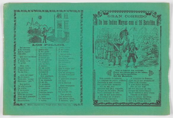 A black-and-white print on green paper: on the left, an illustration of a man playing guitar to people in a building above a poem in Spanish; on the right, a group of soldiers watch as people in the background run away above text in Spanish.