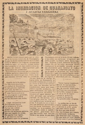A black-and-white print illustration on gold paper of a flooded village, people struggling in the water, above Spanish text.