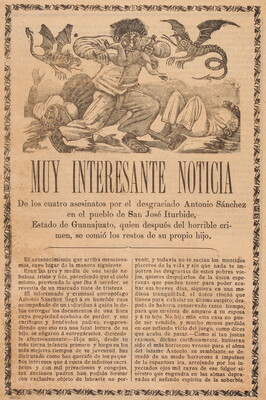 A print showing a cartoon-ish man eating a child and two dragon-like creatures flying around him with a headline in Spanish that reads, "Muy interesante noticia" above an article.