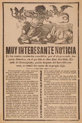 A print showing a cartoon-ish man eating a child and two dragon-like creatures flying around him with a headline in Spanish that reads, "Muy interesante noticia" above an article.