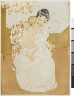 A color print of a woman sitting in a chair next to a bed holding a naked child who has its arms around her neck.