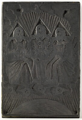 An engraved metal printing plate of three seated male figures draped in robes seated on thrones on a cloud.