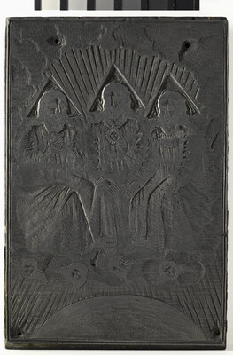 An engraved metal printing plate of three seated male figures draped in robes seated on thrones on a cloud.