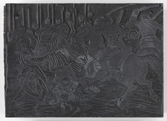 An engraved metal printing plate of a chaotic scene with various figures, some on horseback, fighting each other.