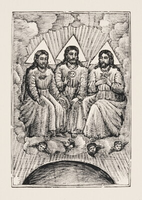 A black-and-white print of three seated male figures draped in robes seated on thrones on a cloud with cherubs peeking out from the cloud.
