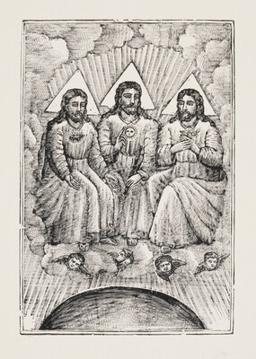A black-and-white print of three seated male figures draped in robes seated on thrones on a cloud with cherubs peeking out from the cloud.