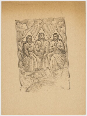 A sepia-toned print of three seated male figures draped in robes seated on thrones on a cloud with cherubs peeking out from the cloud.