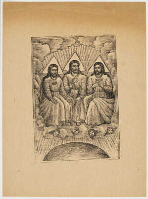 A sepia-toned print of three seated male figures draped in robes seated on thrones on a cloud with cherubs peeking out from the cloud.