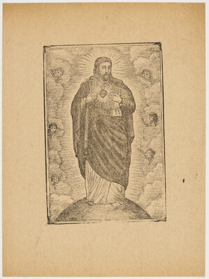 A sepia-toned print of a Christ figure draped in robes that reveal the Sacred Heart and surrounded by cherubs.