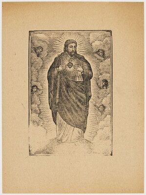 A sepia-toned print of a Christ figure draped in robes that reveal the Sacred Heart and surrounded by cherubs.