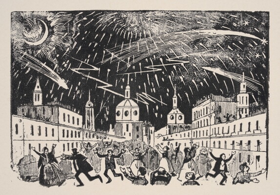 A black-and-white print illustration of people running in a town square beneath a night sky filled with falling stars and comets.