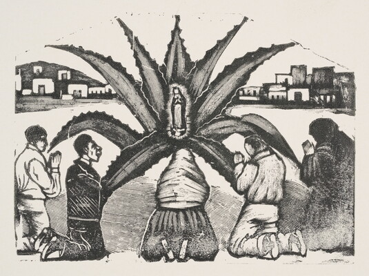 A black-and-white print of figures kneeling around an agave plant with a glowing Virgin Mary inside its leaves.