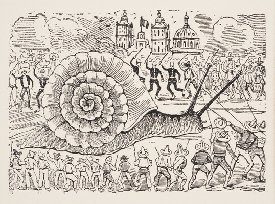 A black-and-white print of hordes of civilians and soldiers raising swords at a giant snail in a street.