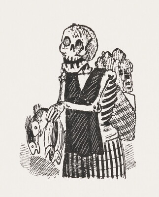 A black-and-white print of a skeleton wearing an apron and skirt, a backpack, and holding four fish.