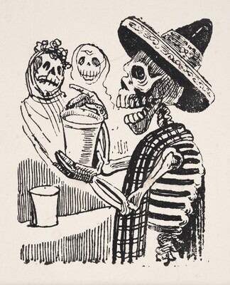 A black-and-white print of a skeleton wearing a sombrero and scarf shaking a glass in front of two skeletons.