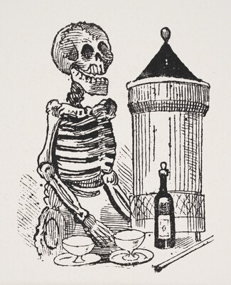 A black-and-white print of a skeleton standing behind a table on which sits two glasses, a bottle, and a tower-like structure.