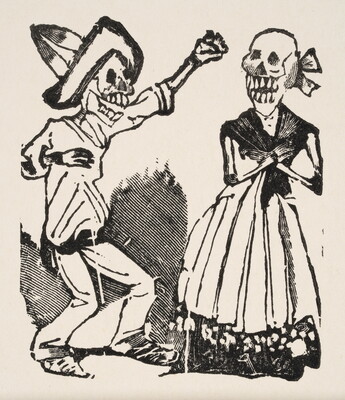 A black-and-white print of a skeleton, arms raised, wearing a sombrero, top, and pants next to a skeleton wearing a long dress.