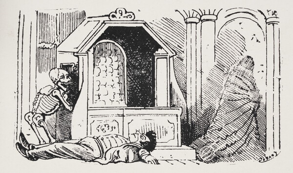 A black-and-white print of a skeleton kneeling next to a confessional, a man lying on the floor, and a cloaked figure walking away.