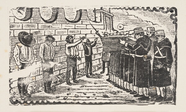A black-and-white print illustration of a line of soldiers pointing their rifles at four men standing against a wall.