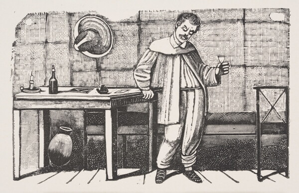 A black-and-white print illustration of a man standing next to a table holding a glass in one hand.