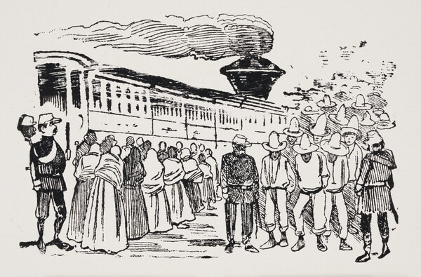 A black-and-white print illustration of crowds in front of a train; one line facing toward the train and the other walking away from it.