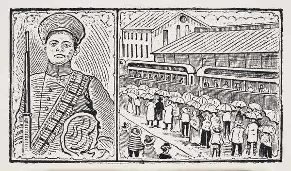 A black-and-white print of two illustrated vignettes: on the left, a soldier wearing a bandolier and holding a rifle; on the right, a crowd of people under umbrellas standing next to a train.