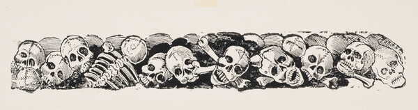 A horizontally-oriented black-and-white print illustration of many skulls and bones piled together.