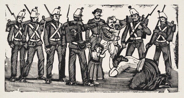 A black-and-white print illustration of two children and a woman holding on to a man surrounded by soldiers.