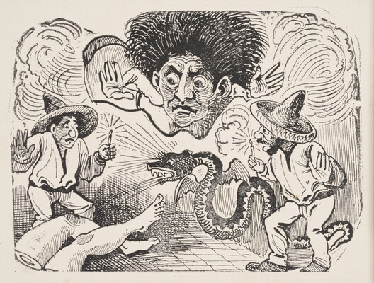 A black-and-white print of a large, dark-skinned person hovering above two men wearing sombreros and holding candles over a serpent with wings that is looking at legs protruding from the bottom left corner.